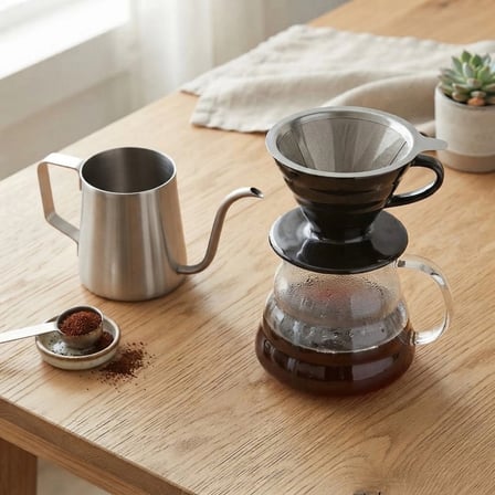 V60 Profesyonel Seramik Filtre Kahve Demleme Seti Çelik Kettle Ve Çelik Filtre 600 Ml (Siyah)