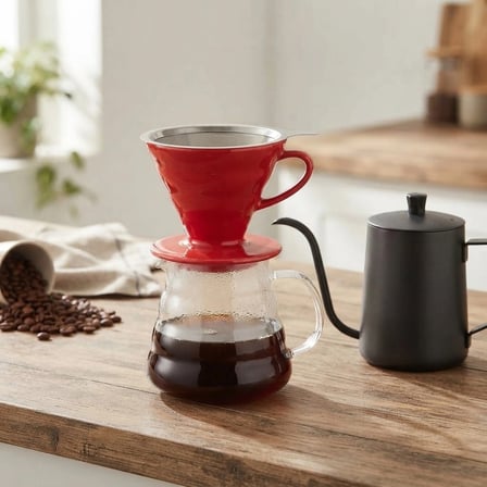 V60 Profesyonel Seramik Filtre Kahve Demleme Seti Celik Fitre 600 Ml (Kirmizi)