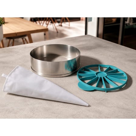 Tabanlı Cheesecake Çemberi 20 cm (H:6 cm) + Pasta Dilimleyici (10/12 Dilim) + İthal Krema Torbası Set