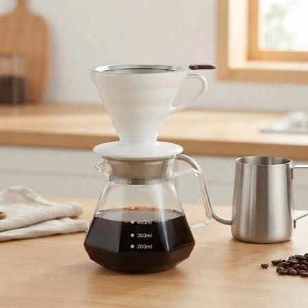 V60 Seramik Filtre Kahve Demleme Set Celik Kettle Ve Celik Filtre 600 Ml (Beyaz)