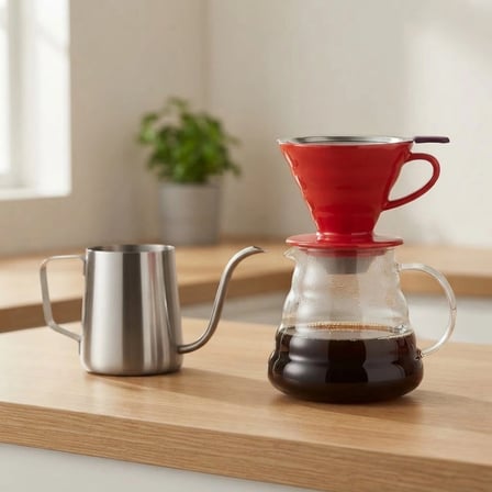 V60 Profesyonel Seramik Filtre Kahve Demleme Seti Çelik Kettle Ve Çelik Filtre 600 Ml (Kırmızı)