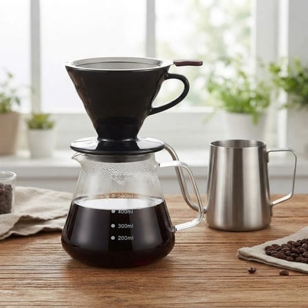 V60 Seramik Filtre Kahve Demleme Set Celik Kettle Ve Celik Filtre 600 Ml (Siyah)
