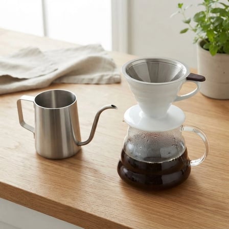 V60 Profesyonel Seramik Filtre Kahve Demleme Seti Çelik Kettle Ve Çelik Filtre 600 Ml (Beyaz)