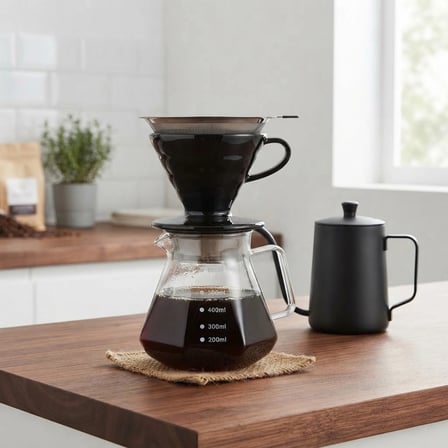 V60 Seramik Filtre Kahve Demleme Seti Çelik Filtre 600 Ml (Siyah)