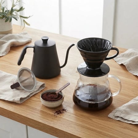 V60 Profesyonel Seramik Filtre Kahve Demleme Seti Celik Filtre 600 Ml (Siyah)