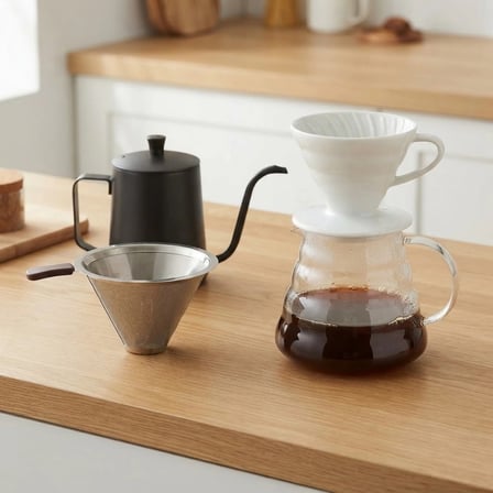 V60 Profesyonel Seramik Filtre Kahve Demleme Seti Celik Filtre 600 Ml (Beyaz)