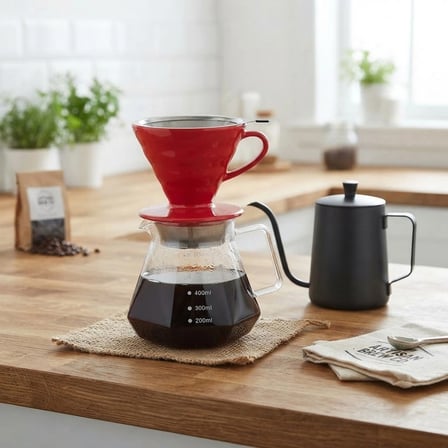V60 Seramik Filtre Kahve Demleme Seti Çelik Filtre 600 Ml (Kırmızı)
