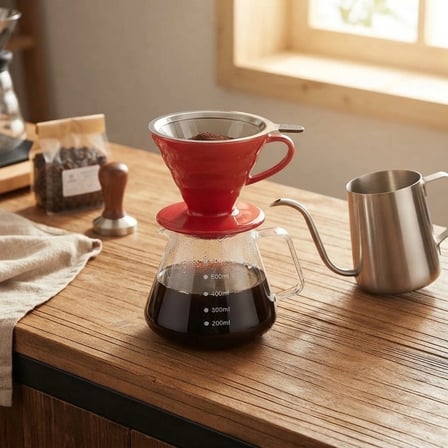 V60 Seramik Filtre Kahve Demleme Set Celik Kettle Ve Celik Filtre 600 Ml (Kirmizi)