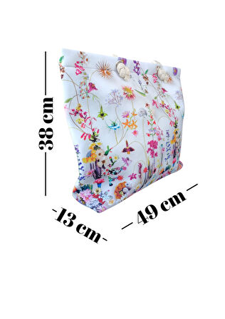 Kadın Plaj Çantası Fermuarlı İçi Astarlı Cepli Çiçek Resimleri Desenli Yumuşak Halat Saplı