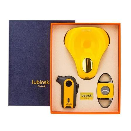 Lubinski Tek Torch Pürmüz Çakmak Kesici Küllük Sarı Üçlü Puro Seti LB-728
