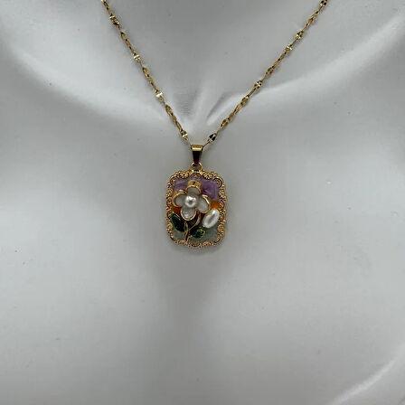 Çelik Vintage Sanat Kolye Serisi: Renkli Tablo Çiçek Detay - Gold