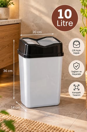 Porsima 0094 Kapaklı Gri-Siyah Kelebek Çöp Kutusu - Kelebek Banyo ve Mutfak Çöp Kovası 10lt