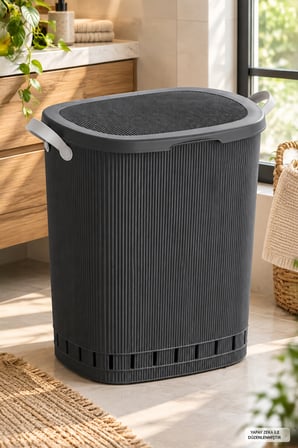 Porsima 0157 Still Antrasit 60 Litre Kirli Çamaşır Sepeti - Kapaklı Kulplu Banyo Sepeti