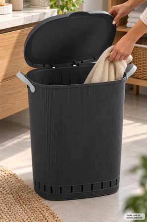 Porsima 0157 Still Antrasit 60 Litre Kirli Çamaşır Sepeti - Kapaklı Kulplu Banyo Sepeti