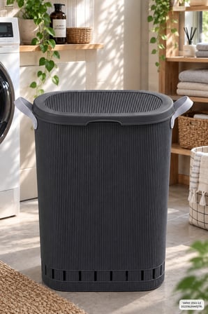 Porsima 0157 Still Antrasit 60 Litre Kirli Çamaşır Sepeti - Kapaklı Kulplu Banyo Sepeti