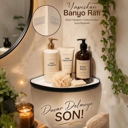 Porsima 0447 İstiridye Banyo Köşe Rafı - Paslanmaz Yapışkanlı Duş Rafı Banyo Düzenleyici Organizer - Siyah