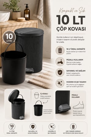 Porsima 0706 Still Antrasit 10 Litre Pedallı İç Kovalı Yuvarlak Banyo & Mutfak Çöp Kovası