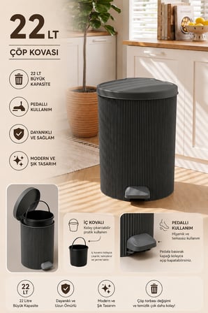 Porsima 0707 Still Antrasit 22 Litre Pedallı İç Kovalı Yuvarlak Mutfak & Banyo Çöp Kovası