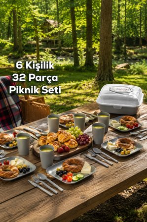 Porsima 0039 Karizma 32 Parça 6 Kişilik Pratik Taşınabilir Piknik Seti - Saklama Kutulu Gri