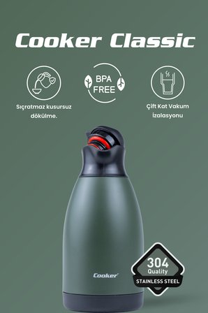Cooker Classic 2 Litre Paslanmaz Çelik Termos Yeşil CKR2040 
