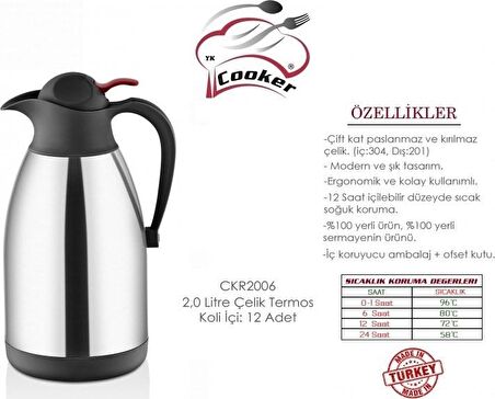 Cooker 2 Litre Paslanmaz Çift Katlı Çelik Termos CKR2006