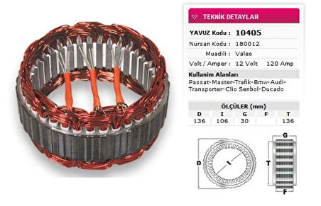 Renault Stator Valeo Tip 12v 120a Passat Master Trafıc Bmw Audı T Porter Clio Symbol Ducato Nursan 180012 - Yavuz 10 405
