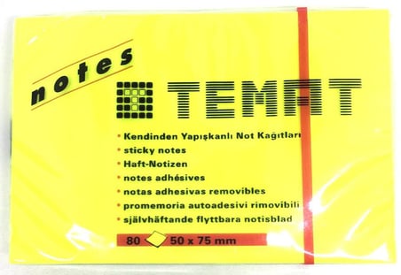 Temat Yapışkanlı Not Kağıdı 50X75 Mm Fosforlu Sarı 11064 (12 Koçan)
