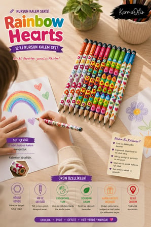 Rainbow Hearts Premium HB Kurşun Kalem Seti 12'li Köşeli Gövde Renkli Kalp Desenli Yerli Üretim