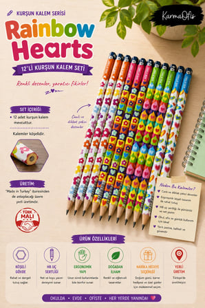 Rainbow Hearts Premium HB Kurşun Kalem Seti 12'li Köşeli Gövde Renkli Kalp Desenli Yerli Üretim