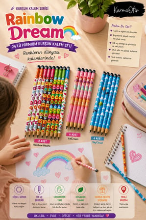 Rainbow Dream 24’lü Premium Kurşun Kalem Seti HB Köşeli Gövde Renkli Desenli Yerli Üretim