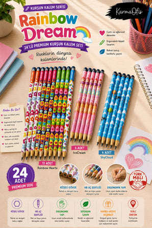 Rainbow Dream 24’lü Premium Kurşun Kalem Seti HB Köşeli Gövde Renkli Desenli Yerli Üretim