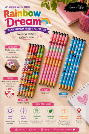 Rainbow Dream 24’lü Premium Kurşun Kalem Seti HB Köşeli Gövde Renkli Desenli Yerli Üretim