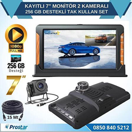 Kayıtlı 7 inç Monitör 2 Kameralı Dashcam 256 GB Destekli 15 Metre Kablolu Pratik Set