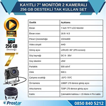Kayıtlı 7 inç Monitör 2 Kameralı Dashcam 256 GB Destekli 15 Metre Kablolu Pratik Set