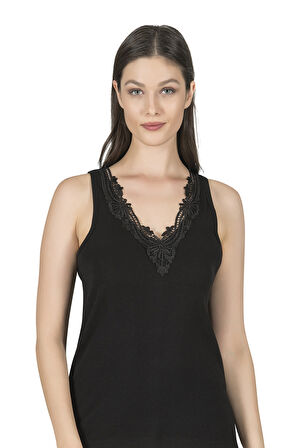 Özkan 0156 Kadın Ribana Pamuklu Güpürlü Kendinden Biyeli Kalın Askılı Atlet 