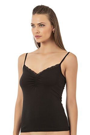 Özkan 3167 Önü Büzgülü Dantelli Likralı Pamuklu İp Askılı Kadın Penye Atlet