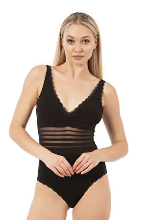 Özkan 25432 Kadın Pamuklu Süprem Tül Detaylı Önü Büzgülü Dantelli Çıtçıtlı Kancalı Body