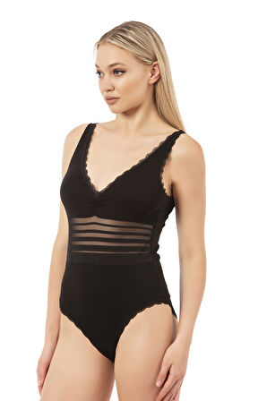 Özkan 25432 Kadın Pamuklu Süprem Tül Detaylı Önü Büzgülü Dantelli Çıtçıtlı Kancalı Body