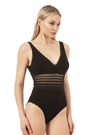 Özkan 25432 Kadın Pamuklu Süprem Tül Detaylı Önü Büzgülü Dantelli Çıtçıtlı Kancalı Body