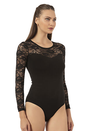 Özkan 22013 Kadın Pamuklu Likralı Lez Dantelli Simit Yaka Uzun Kollu Kancalı Çıtçıtlı Body