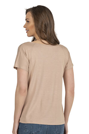 Özkan 25501 Kadın Vorteks Viskon Premium Kumaş Örme Bluz Önü Baskılı Likralı V Yaka Kısa Kollu 