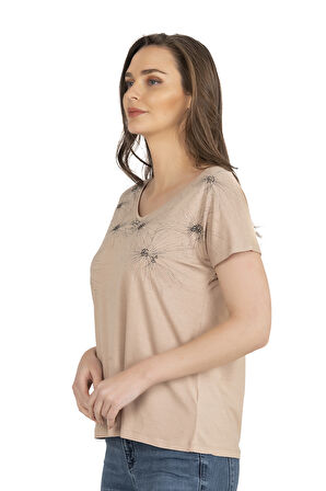 Özkan 25501 Kadın Vorteks Viskon Premium Kumaş Örme Bluz Önü Baskılı Likralı V Yaka Kısa Kollu 