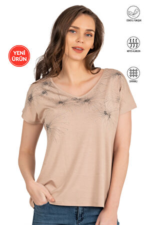 Özkan 25501 Kadın Vorteks Viskon Premium Kumaş Örme Bluz Önü Baskılı Likralı V Yaka Kısa Kollu 