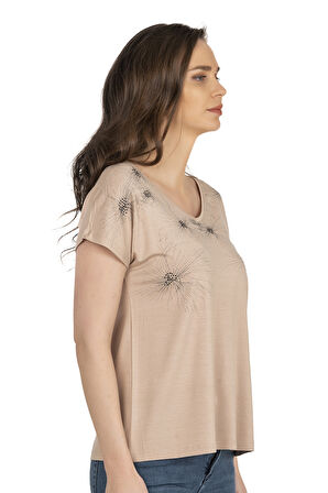 Özkan 25501 Kadın Vorteks Viskon Premium Kumaş Örme Bluz Önü Baskılı Likralı V Yaka Kısa Kollu 