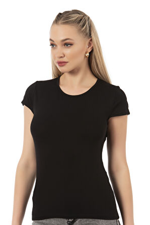 Özkan 7123 Kadın Premium Yumuşak Rahat Kumaş Viskon Bisiklet Yaka Kısa Kollu Örme T-Shirt