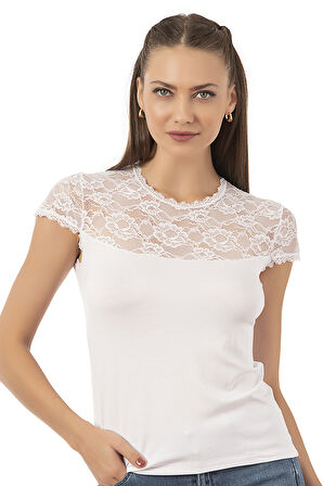 Özkan 7371 Kadın Premium Yumuşak Rahat Kumaş Viskon Dantel Detaylı Kısa Kollu Örme Bluz