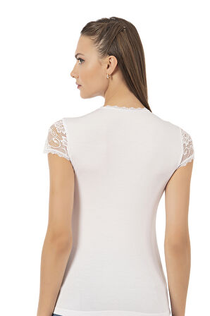 Özkan 7371 Kadın Premium Yumuşak Rahat Kumaş Viskon Dantel Detaylı Kısa Kollu Örme Bluz