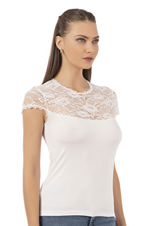 Özkan 7371 Kadın Premium Yumuşak Rahat Kumaş Viskon Dantel Detaylı Kısa Kollu Örme Bluz