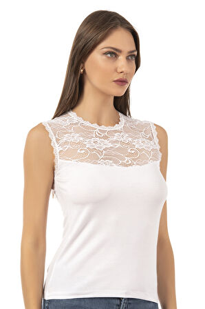 Özkan 7365 Kadın Premium Yumuşak Rahat Kumaş Viskon Dantel Detaylı Sıfır Kol Örme Bluz 