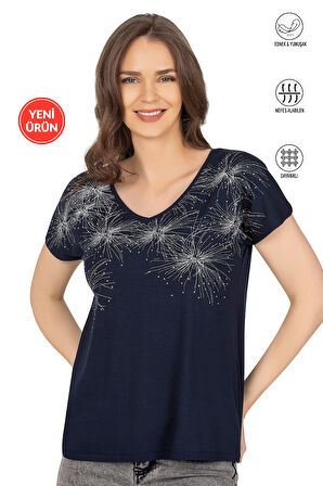 Özkan 25501 Kadın Vorteks Viskon Premium Kumaş Örme Bluz Önü Baskılı Likralı V Yaka Kısa Kollu 